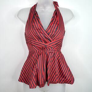 Anthropologie Odille Red & Grey Stripe Halter Peplum Top 0